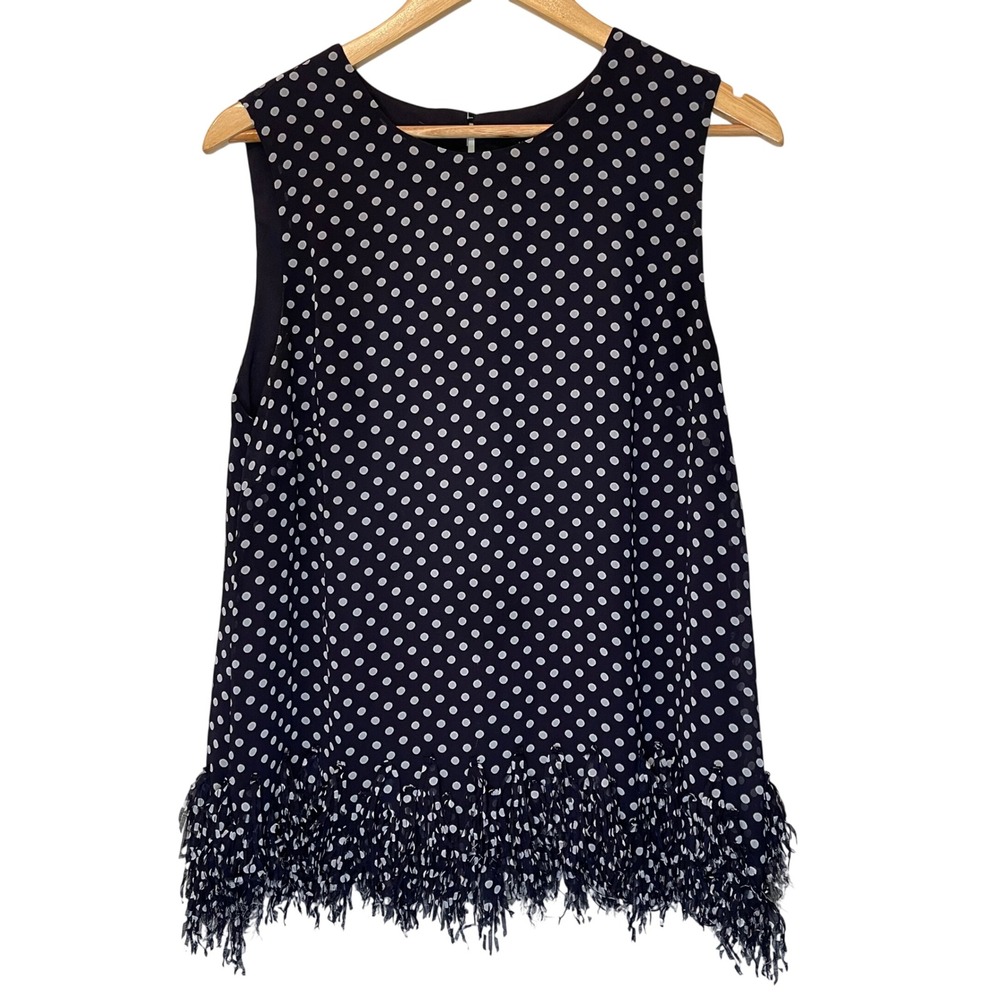 Ann Taylor Black Polka Dot Sleeveless Fringe Top Large Career‎ Workwear READ